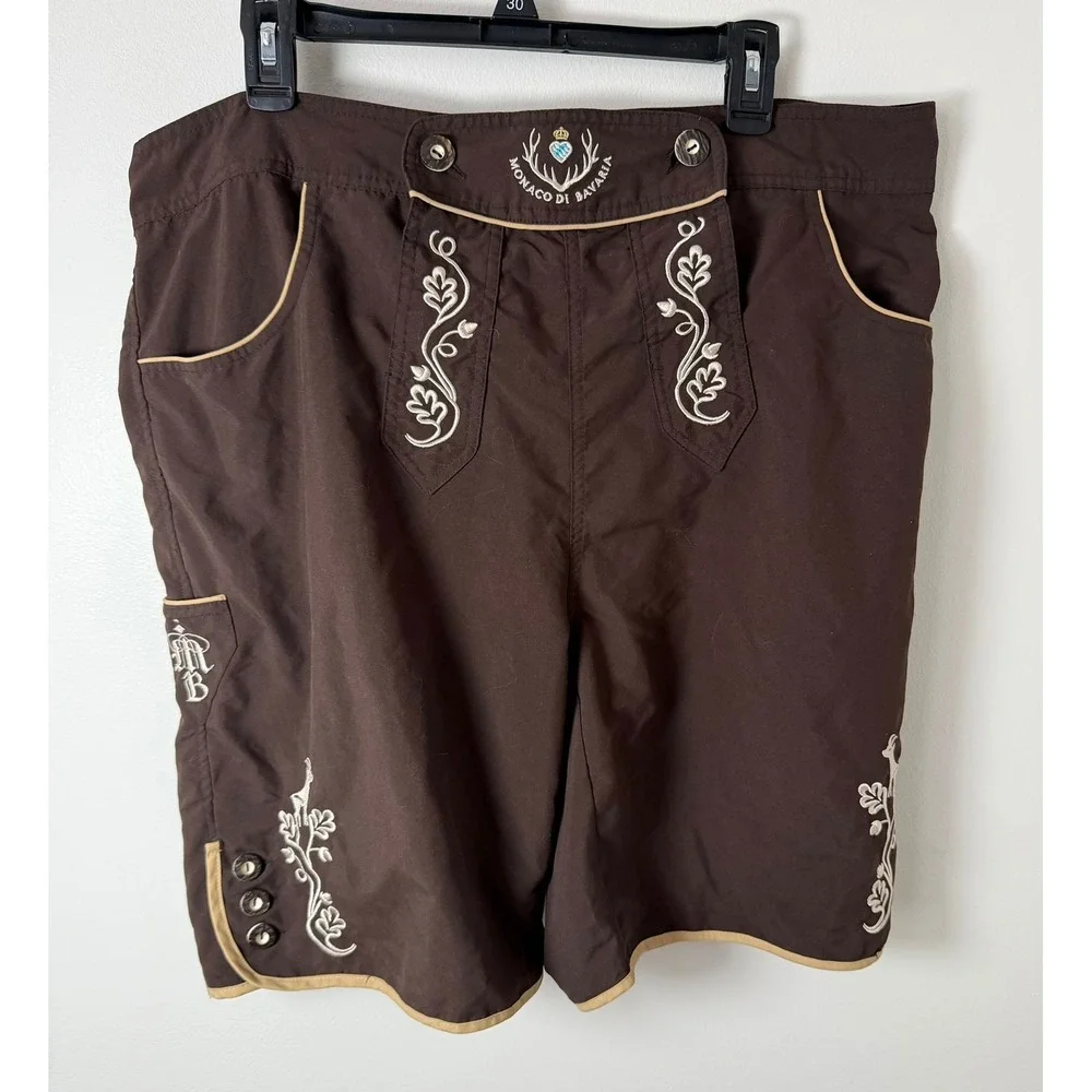 Monaco Di Bavaria Men XXL Brown Lederhosen Style Shorts Embroidered Oktoberfest